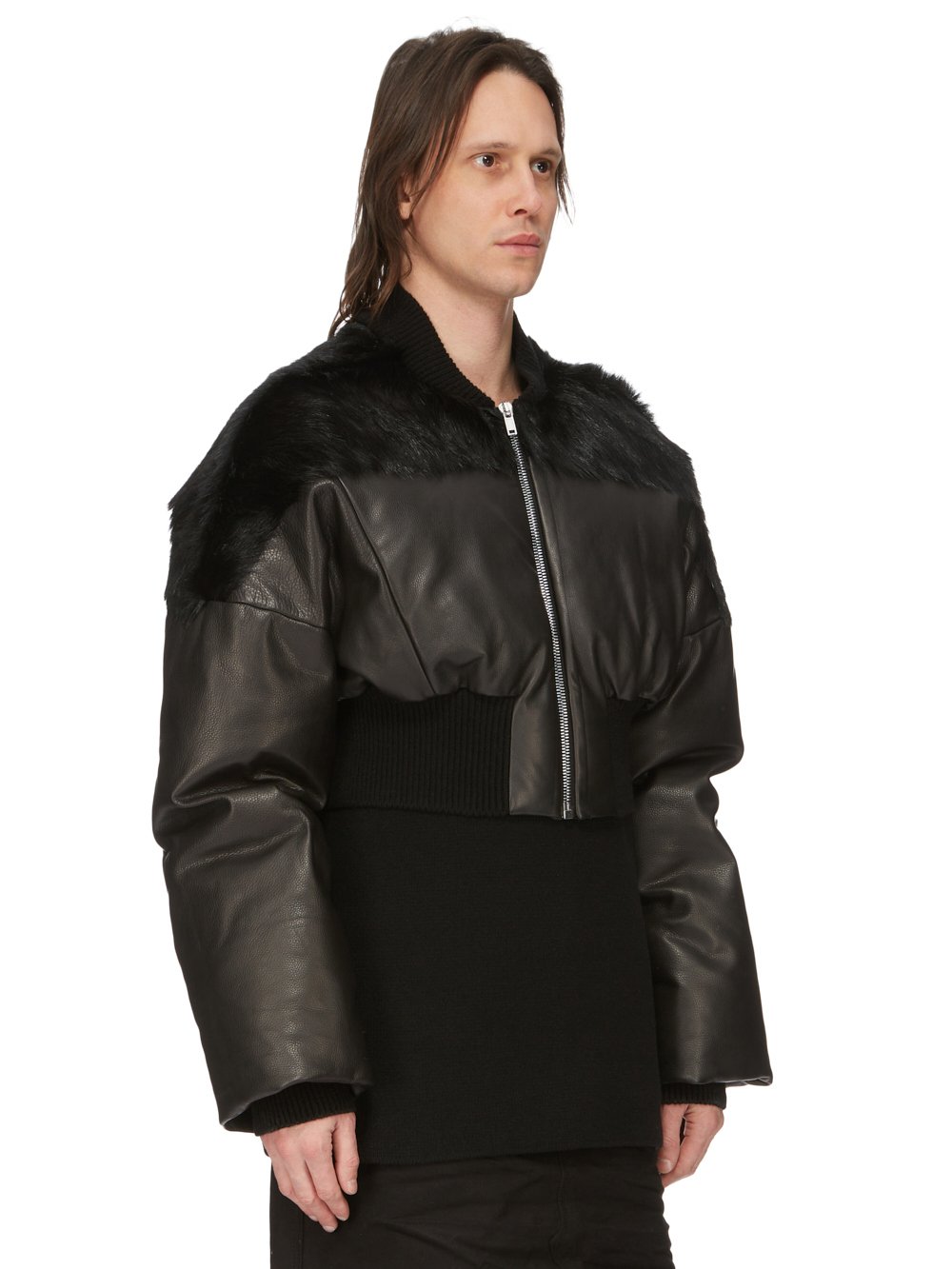 RICK OWENS FW23 LUXOR RUNWAY FLIGHT JKT CROPPED IN BLACK UNSHAVED COW LEATHER AND SOFT GRAIN COW LEATHER