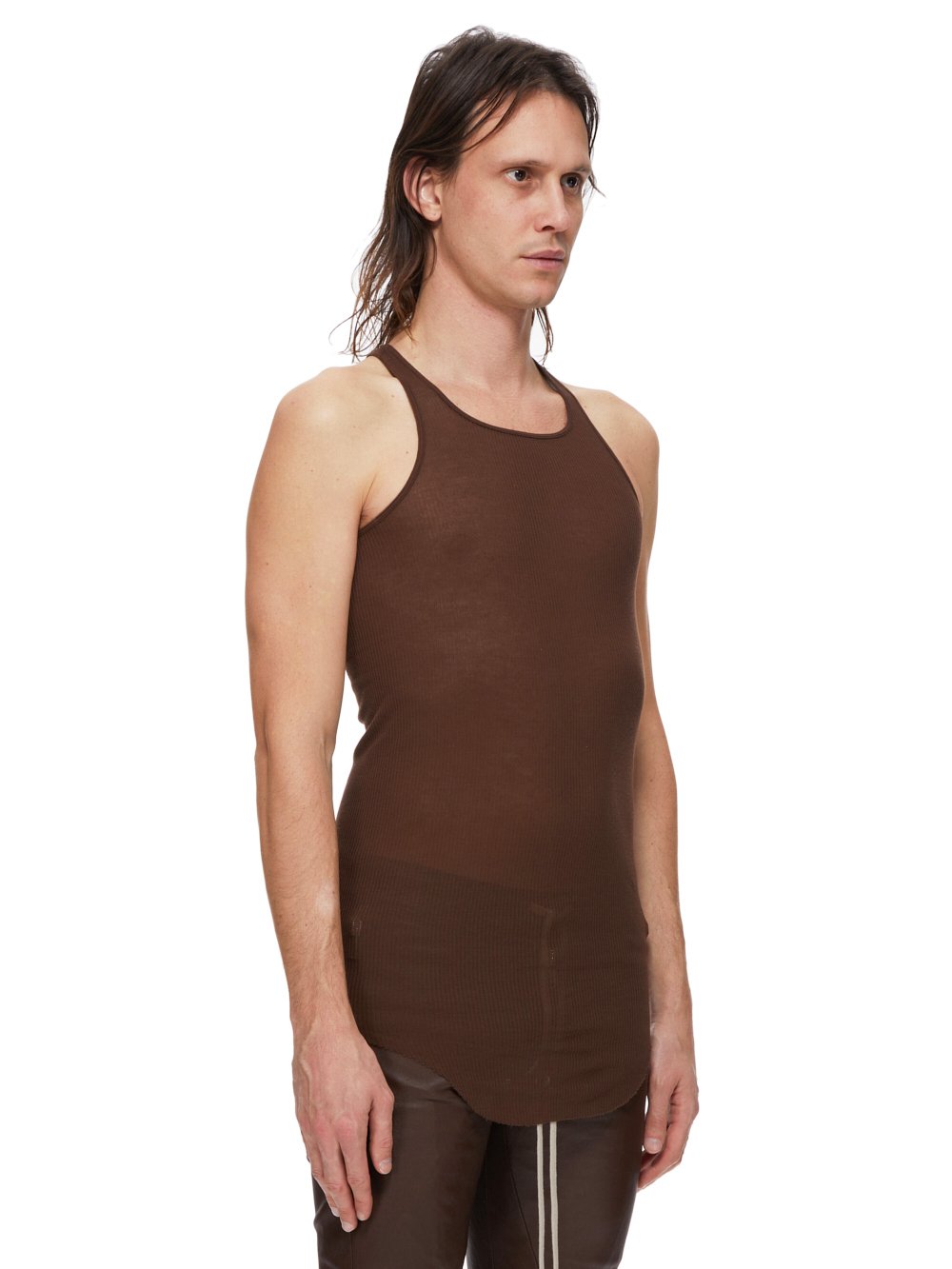 RICK OWENS FW23 LUXOR BASIC RIB TANK IN BROWN VISCOSE SILK RIB JERSEY