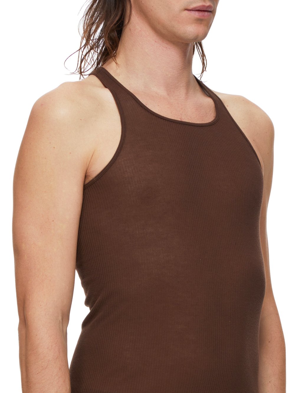 RICK OWENS FW23 LUXOR BASIC RIB TANK IN BROWN VISCOSE SILK RIB JERSEY