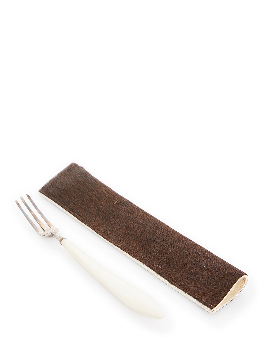 RICK OWENS DESSERT FORK FEATURES A THREE TINE STERLING SILVER TOP AND A NATURAL COLOR BONE HANDLE.