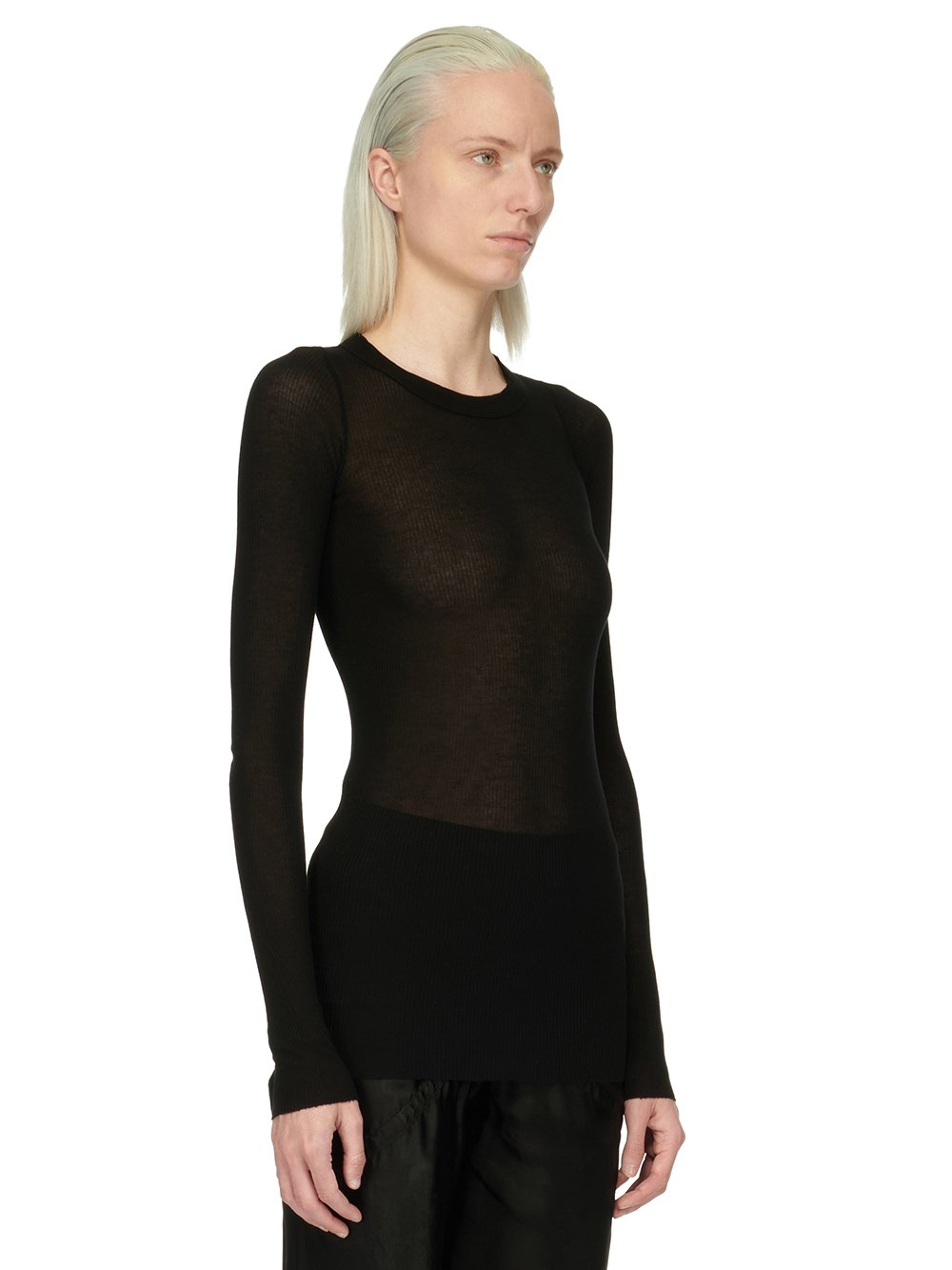 RICK OWENS FOREVER RIB LS T IN BLACK VISCOSE SILK RIB JERSEY