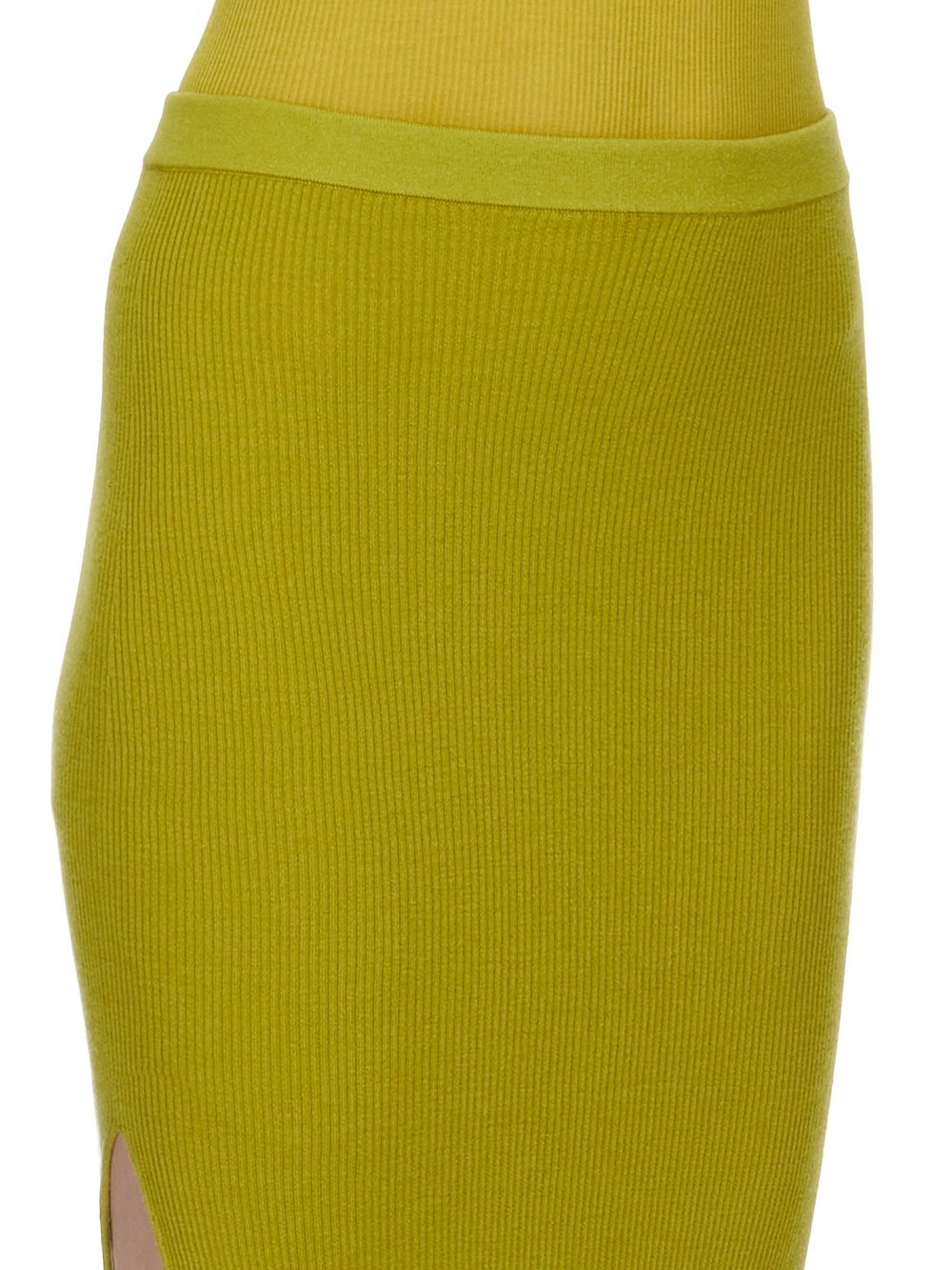 RICK OWENS FW23 LUXOR RIBBED SACRISKIRT IN ACID YELLOW LIGHTWEIGHT RIBBED KNIT