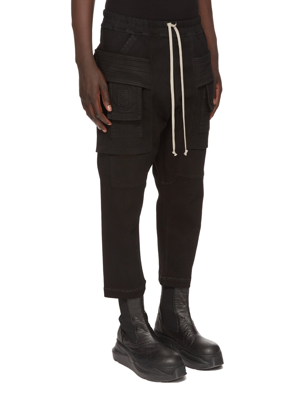 RICK OWENS FW23 LUXOR CREATCH CARGO CROPPED DRAWSTRING IN BLACKETY BLACK STRETCH DENIM