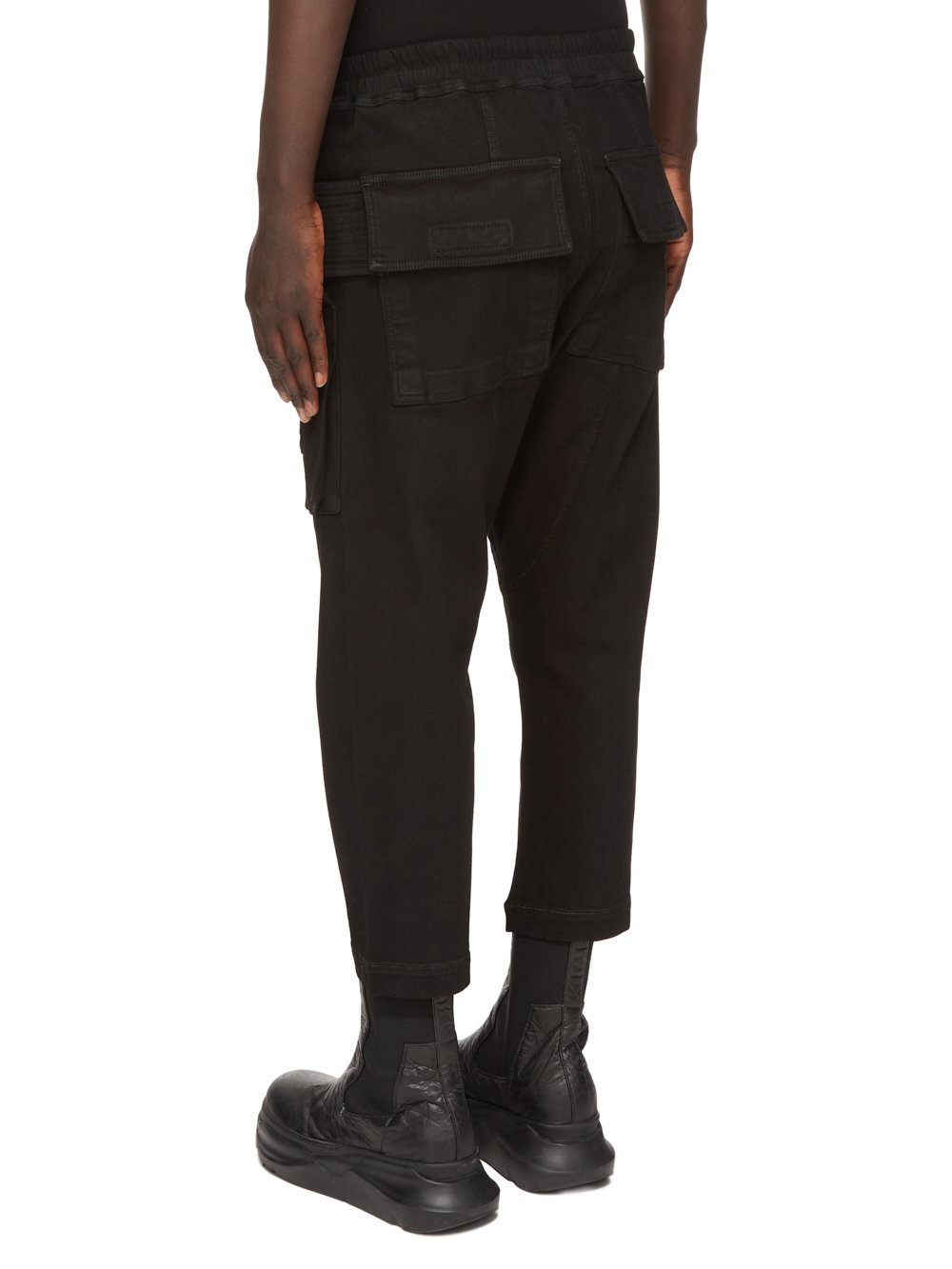 RICK OWENS FW23 LUXOR CREATCH CARGO CROPPED DRAWSTRING IN BLACKETY BLACK STRETCH DENIM