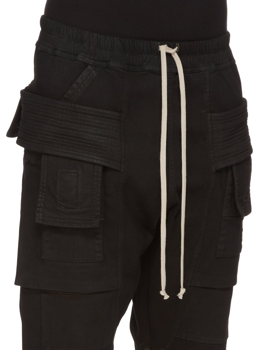 RICK OWENS FW23 LUXOR CREATCH CARGO CROPPED DRAWSTRING IN BLACKETY BLACK STRETCH DENIM