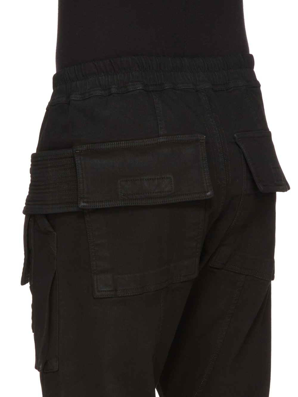 RICK OWENS FW23 LUXOR CREATCH CARGO CROPPED DRAWSTRING IN BLACKETY BLACK STRETCH DENIM