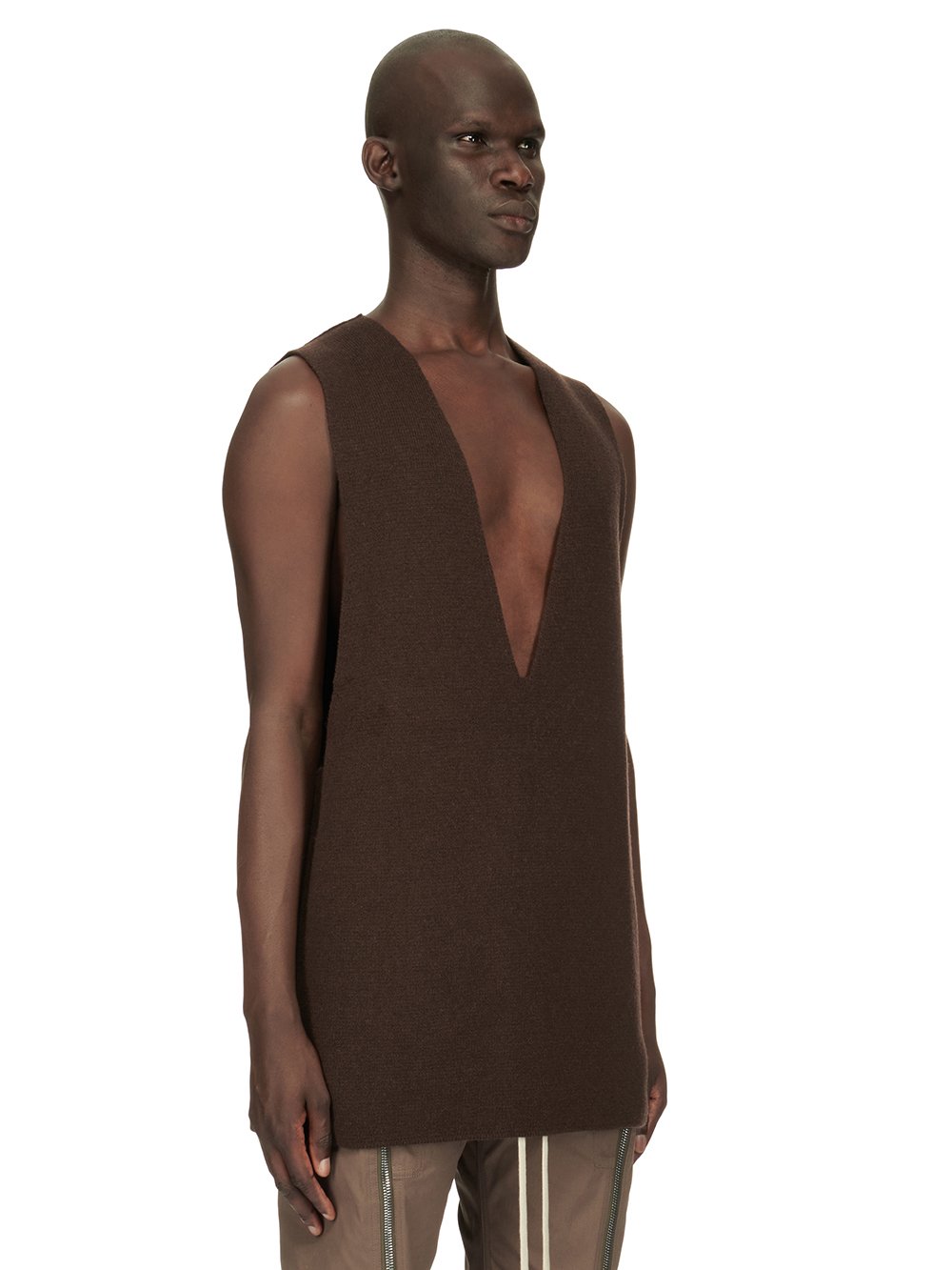 RICK OWENS FW23 LUXOR RUNWAY V TANK IN BROWN RECYCLED CASHMERE