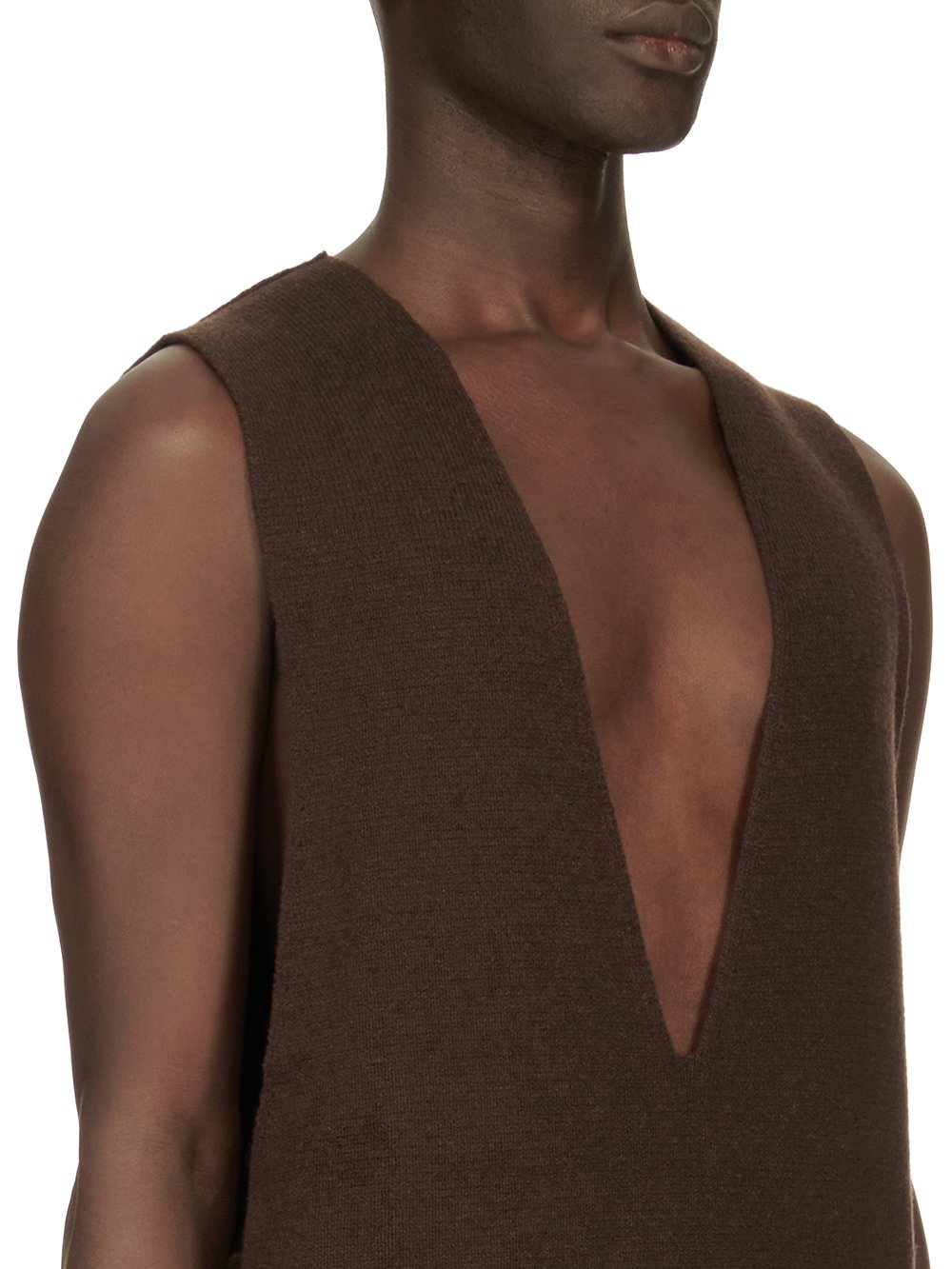 RICK OWENS FW23 LUXOR RUNWAY V TANK IN BROWN RECYCLED CASHMERE