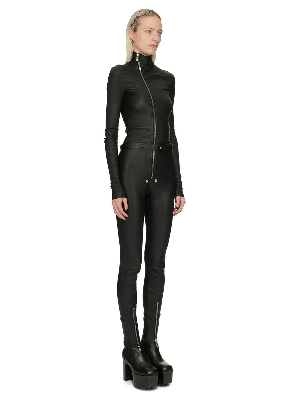 RICK OWENS FW23 LUXOR TIGHT GARY FLGHTSUIT IN BLACK STRETCH LAMB LEATHER