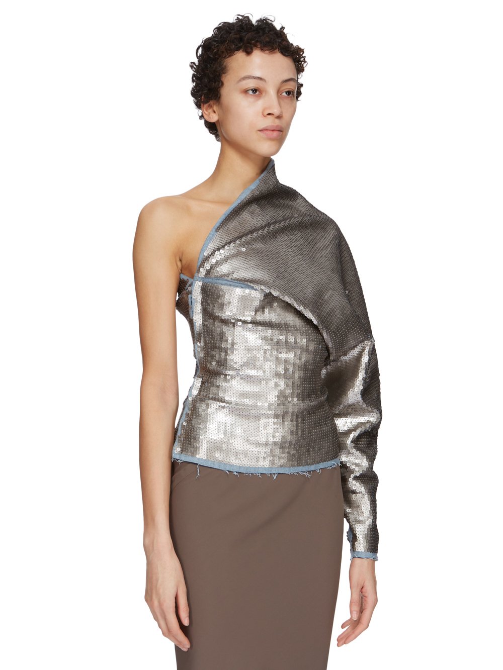 RICK OWENS FW23 LUXOR RUNWAY ONE SLEEVE TOP IN BLUE AND PEARL SEQUIN EMBROIDERED STRETCH DENIM