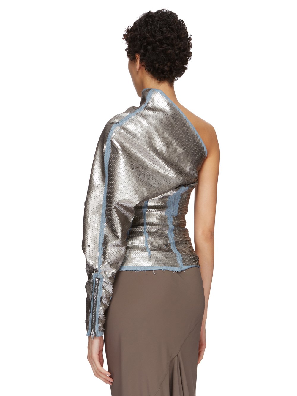 RICK OWENS FW23 LUXOR RUNWAY ONE SLEEVE TOP IN BLUE AND PEARL SEQUIN EMBROIDERED STRETCH DENIM