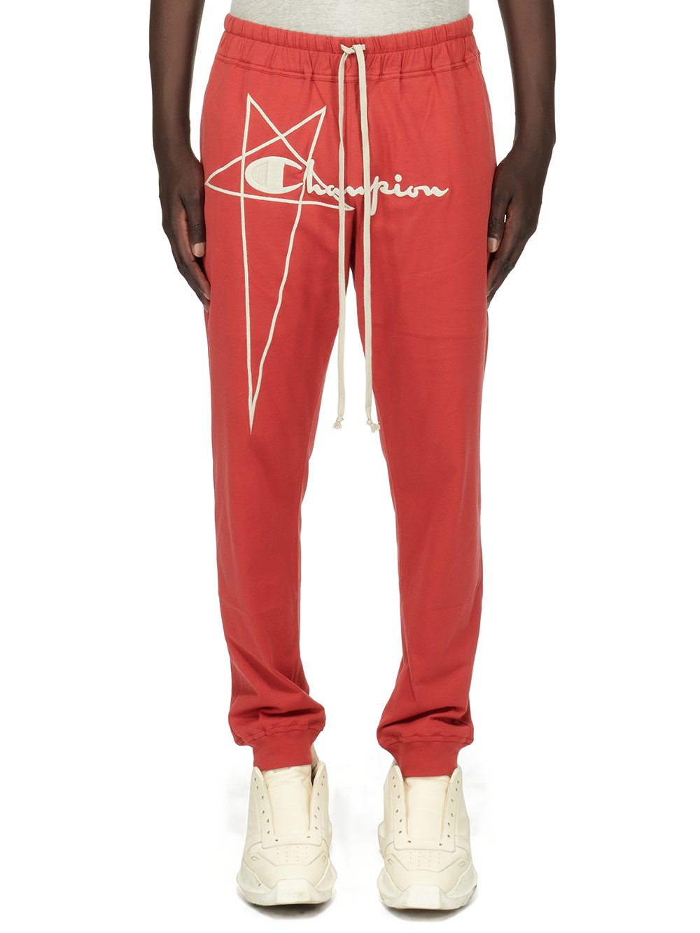 CHAMPION X RICK OWENS PRISONER DRAWSTRING IN CARNELIAN RED COMPACT COTTON FELPA