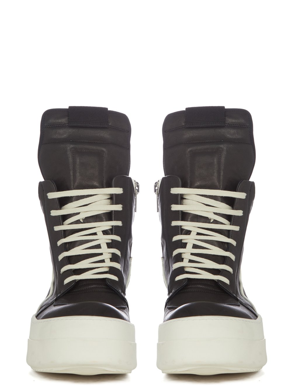 RICK OWENS FW23 LUXOR RUNWAY MEGA BUMPER GEOBASKET IN BLACK AND MILK GROPPONE NAPPA LEATHER