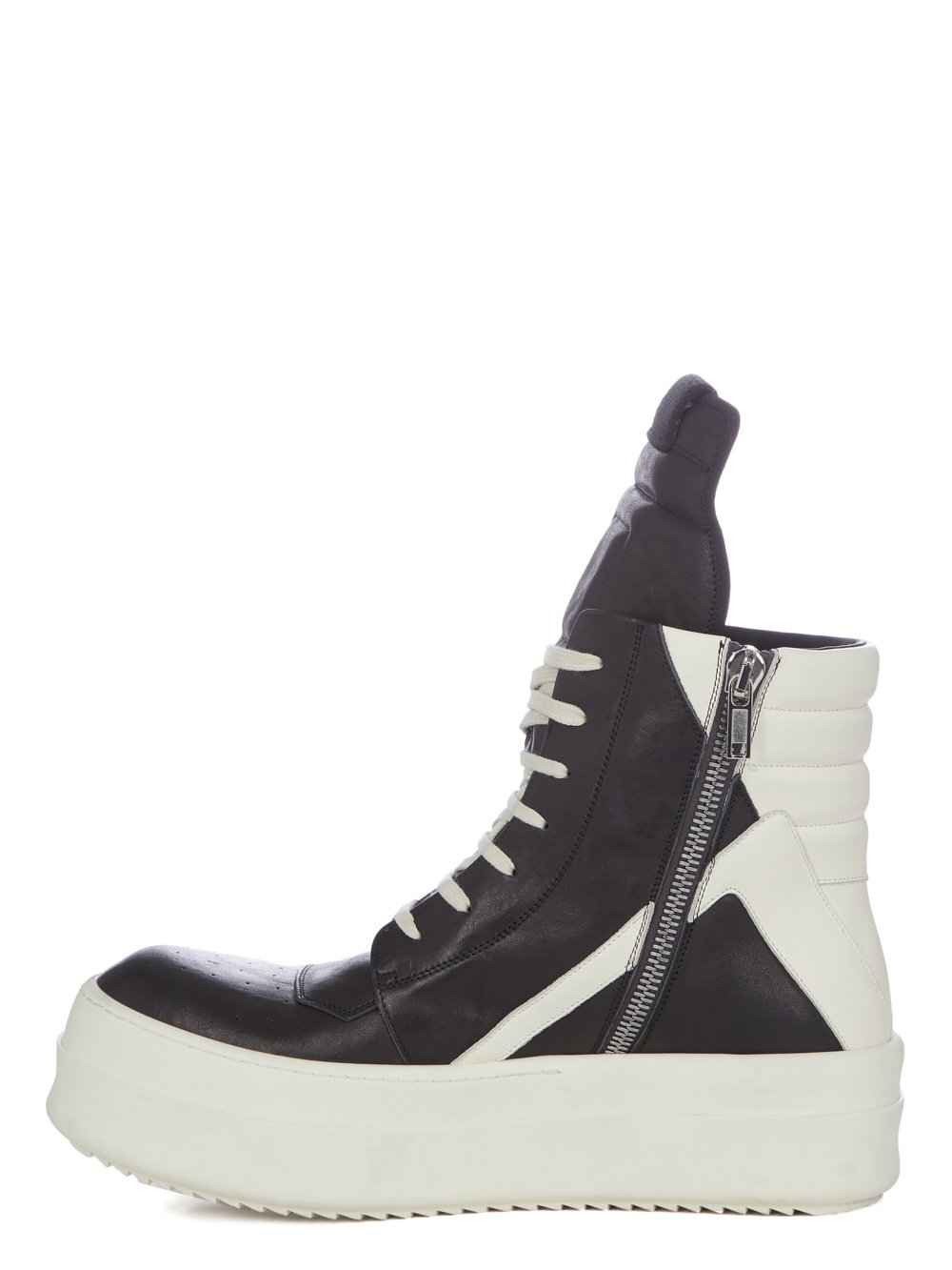 RICK OWENS FW23 LUXOR RUNWAY MEGA BUMPER GEOBASKET IN BLACK AND MILK GROPPONE NAPPA LEATHER