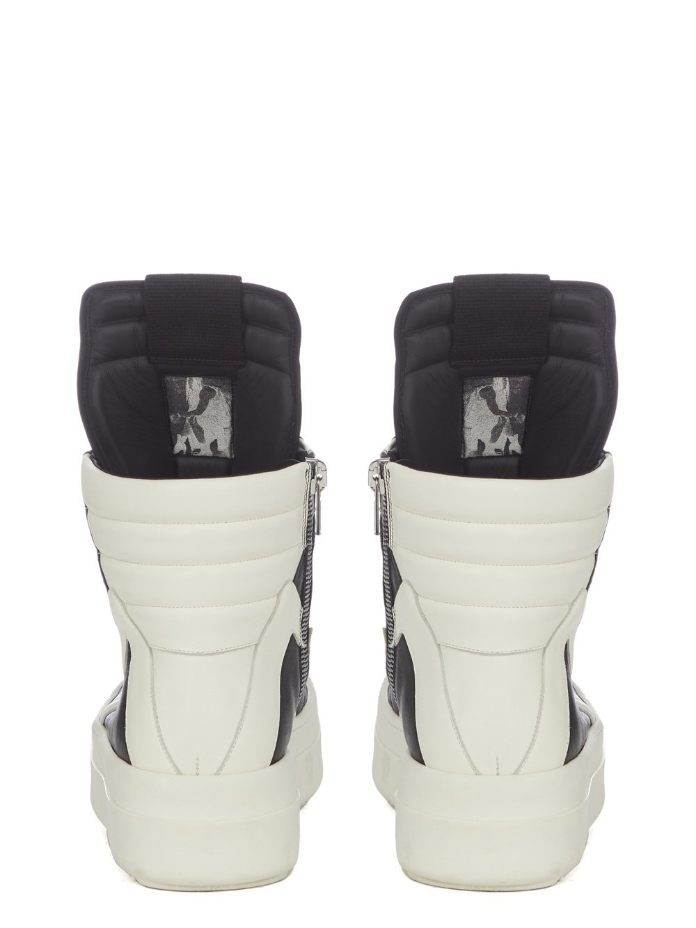 RICK OWENS FW23 LUXOR RUNWAY MEGA BUMPER GEOBASKET IN BLACK AND MILK GROPPONE NAPPA LEATHER