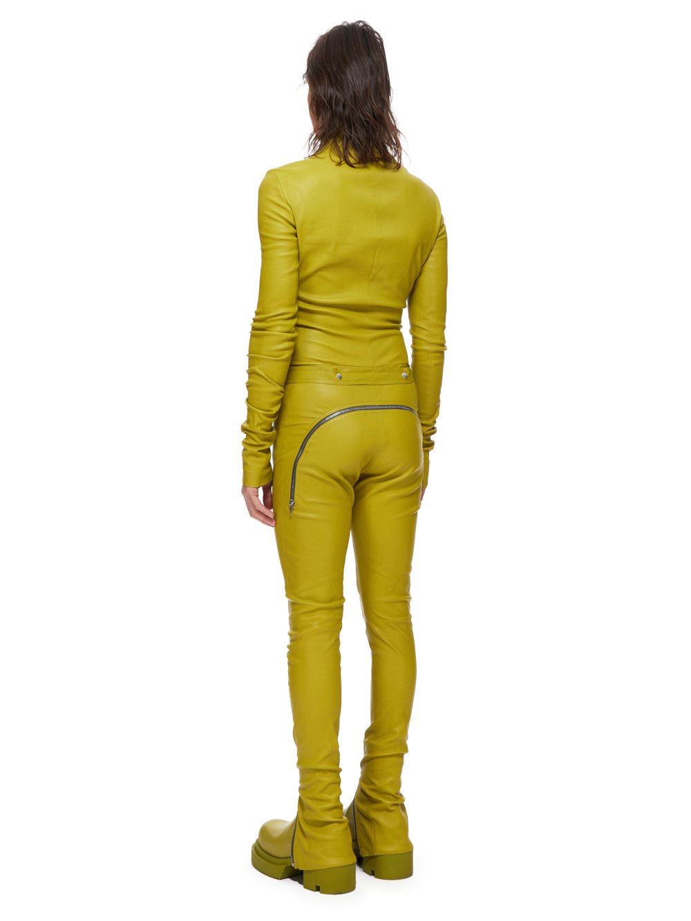 RICK OWENS FW23 LUXOR TIGHT GARY FLGHTSUIT IN ACID YELLOW STRETCH LAMB LEATHER