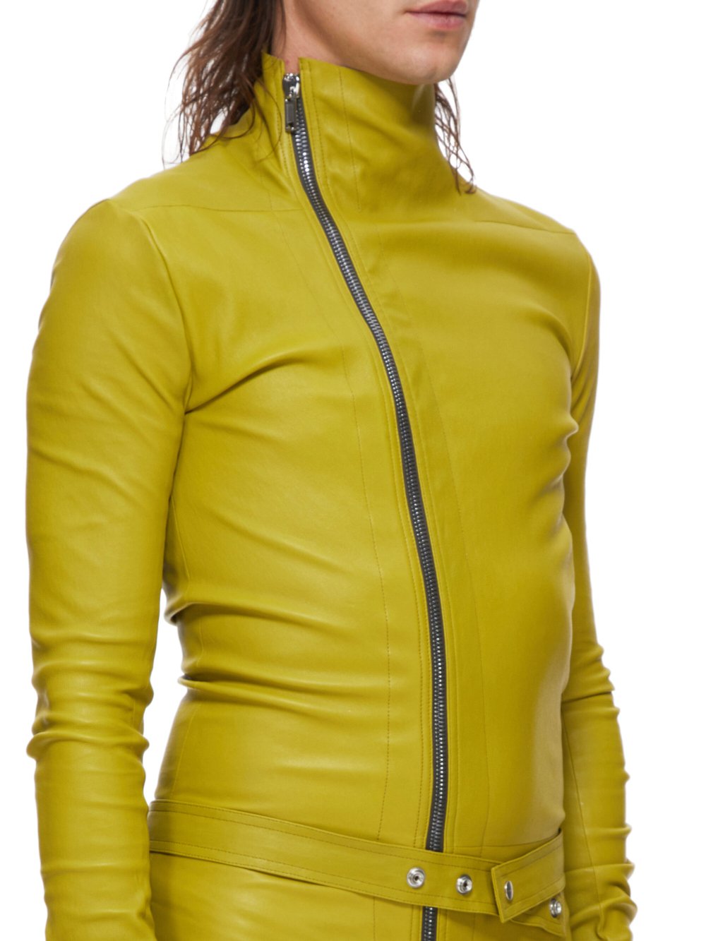 RICK OWENS FW23 LUXOR TIGHT GARY FLGHTSUIT IN ACID YELLOW STRETCH LAMB LEATHER