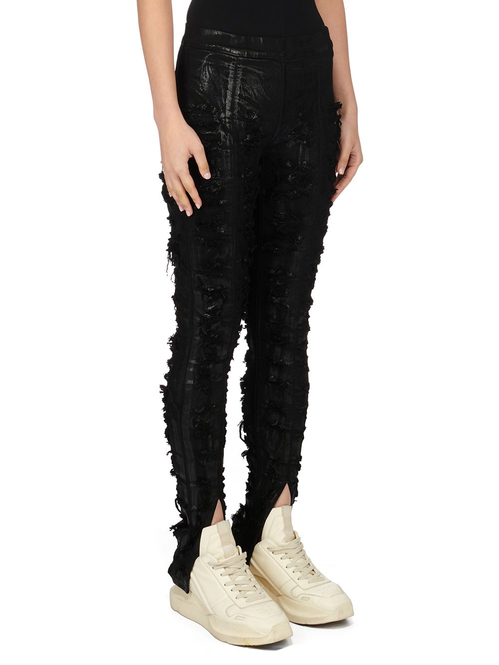 RICK OWENS FW23 LUXOR SLIT FRONT LEGGING IN BLACK FOIL SLASH STRETCH DENIM