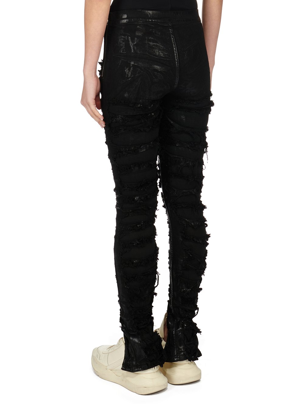 RICK OWENS FW23 LUXOR SLIT FRONT LEGGING IN BLACK FOIL SLASH STRETCH DENIM