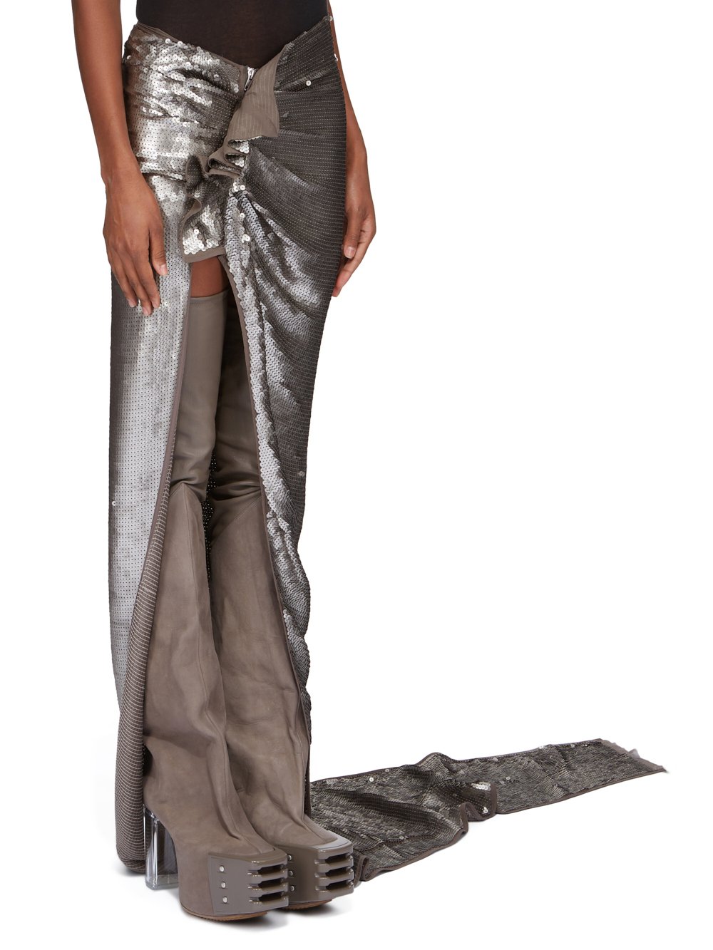 RICK OWENS FW23 LUXOR RUNWAY EDFU SKIRT RUNWAY LENGTH IN DUST AND PEARL SEQUIN EMBROIDERED SILK CHIFFON