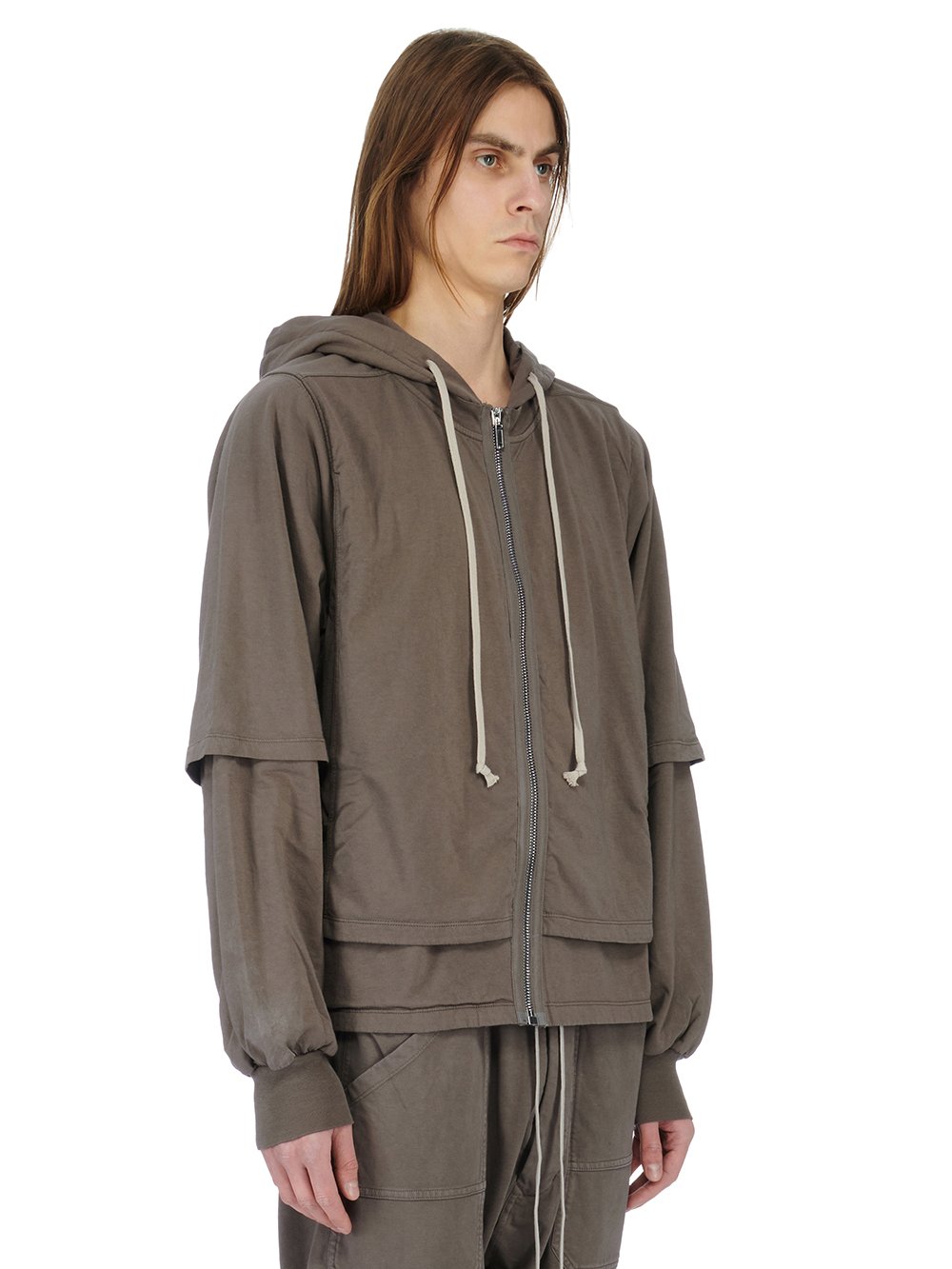 RICK OWENS FW23 LUXOR ZIPPED HUSTLER HOODIE IN DUST MEDIUM WEIGHT COTTON JERSEY 