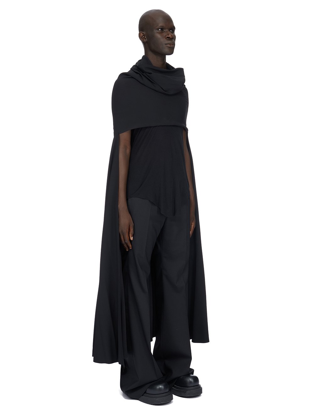 RICK OWENS FW23 LUXOR RUNWAY COWL HALF CAPE IN BLACK HEAVY CADY