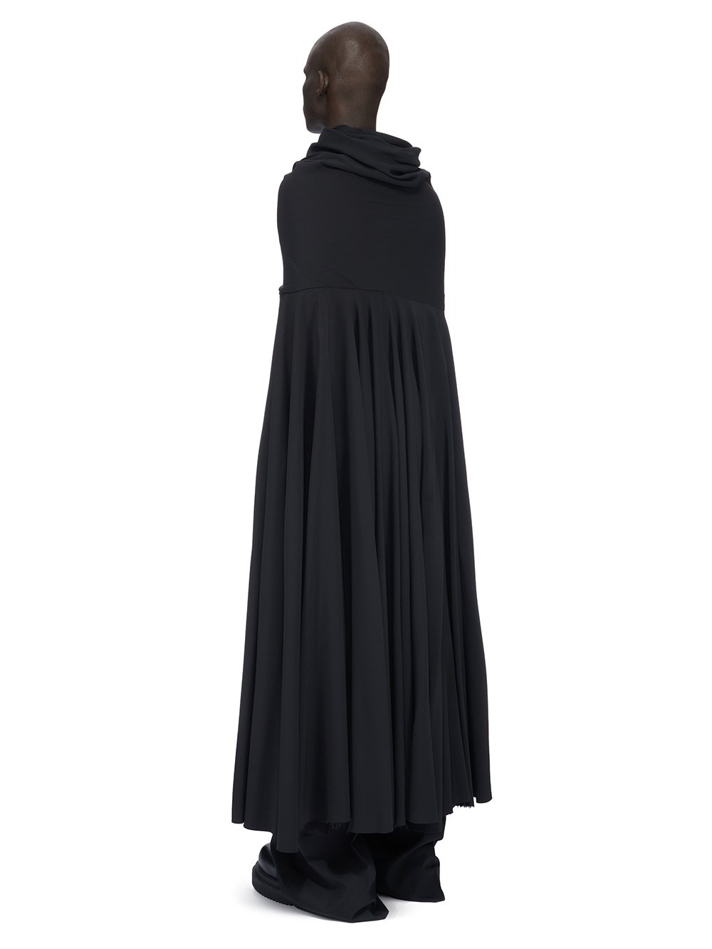 RICK OWENS FW23 LUXOR RUNWAY COWL HALF CAPE IN BLACK HEAVY CADY