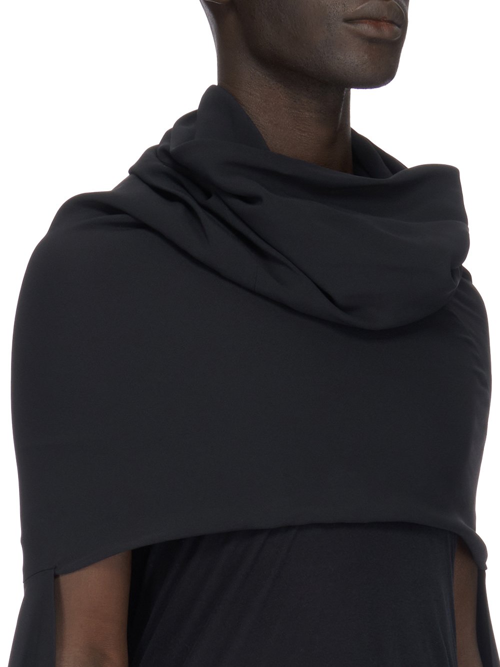 RICK OWENS FW23 LUXOR RUNWAY COWL HALF CAPE IN BLACK HEAVY CADY