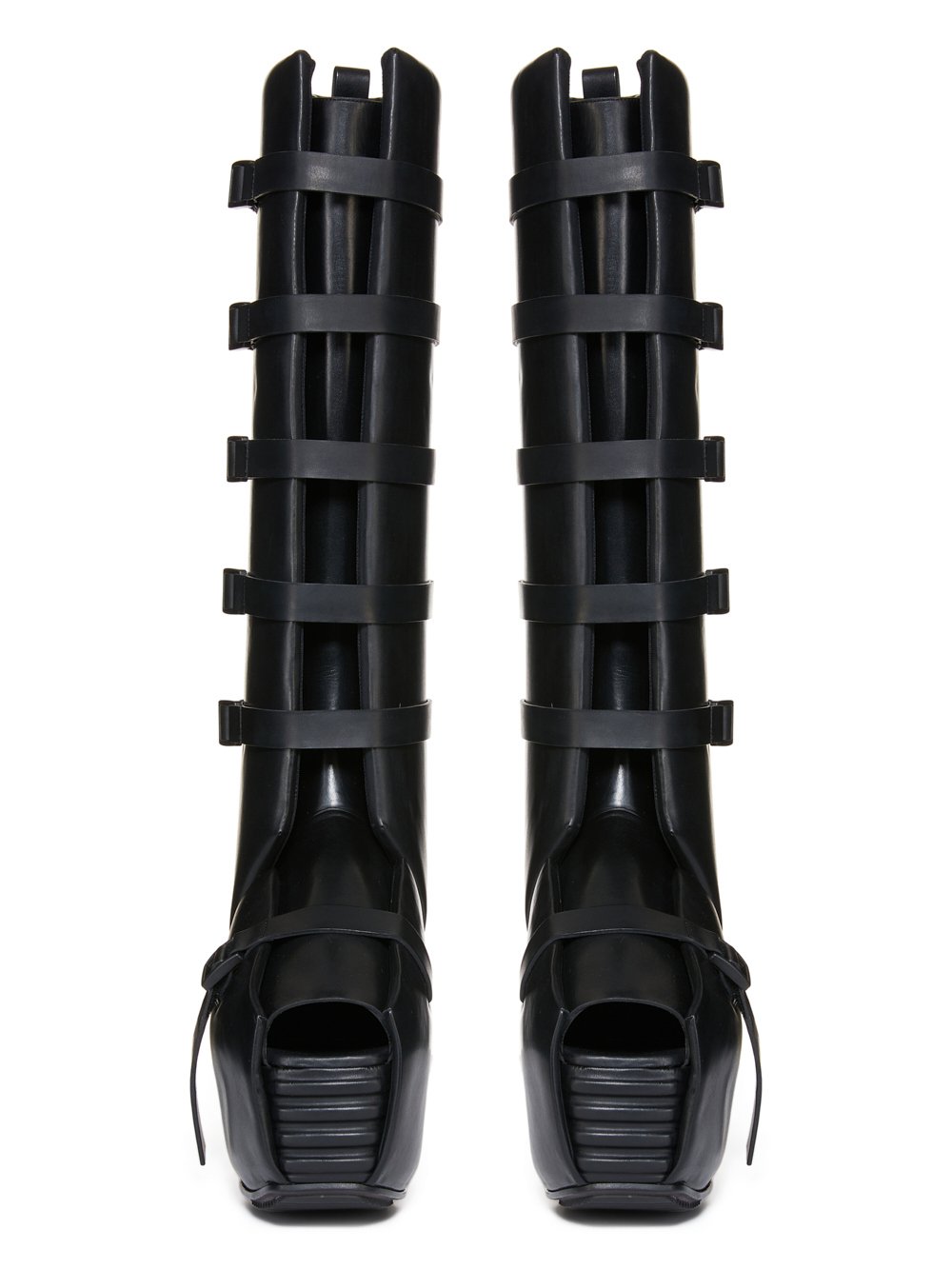 RICK OWENS FW23 LUXOR RUNWAY OPEN TOE MICROSTRAP SPLINT PLATFORMS 45 IN BLACK GROPPONE COW LEATHER