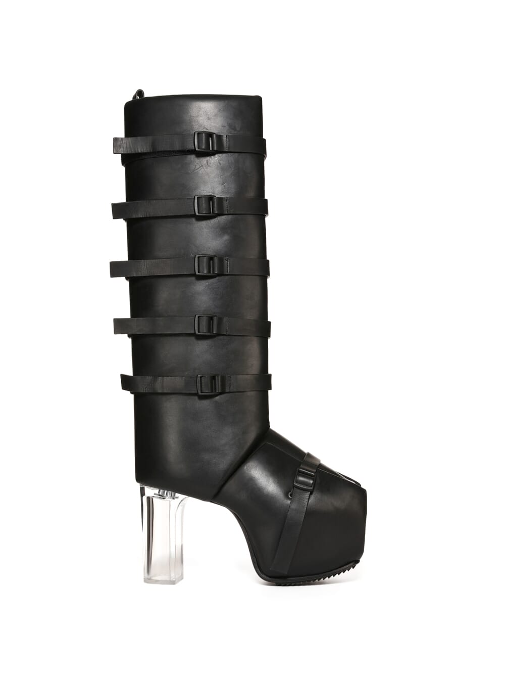 RICK OWENS FW23 LUXOR RUNWAY OPEN TOE MICROSTRAP SPLINT PLATFORMS 45 IN BLACK GROPPONE COW LEATHER