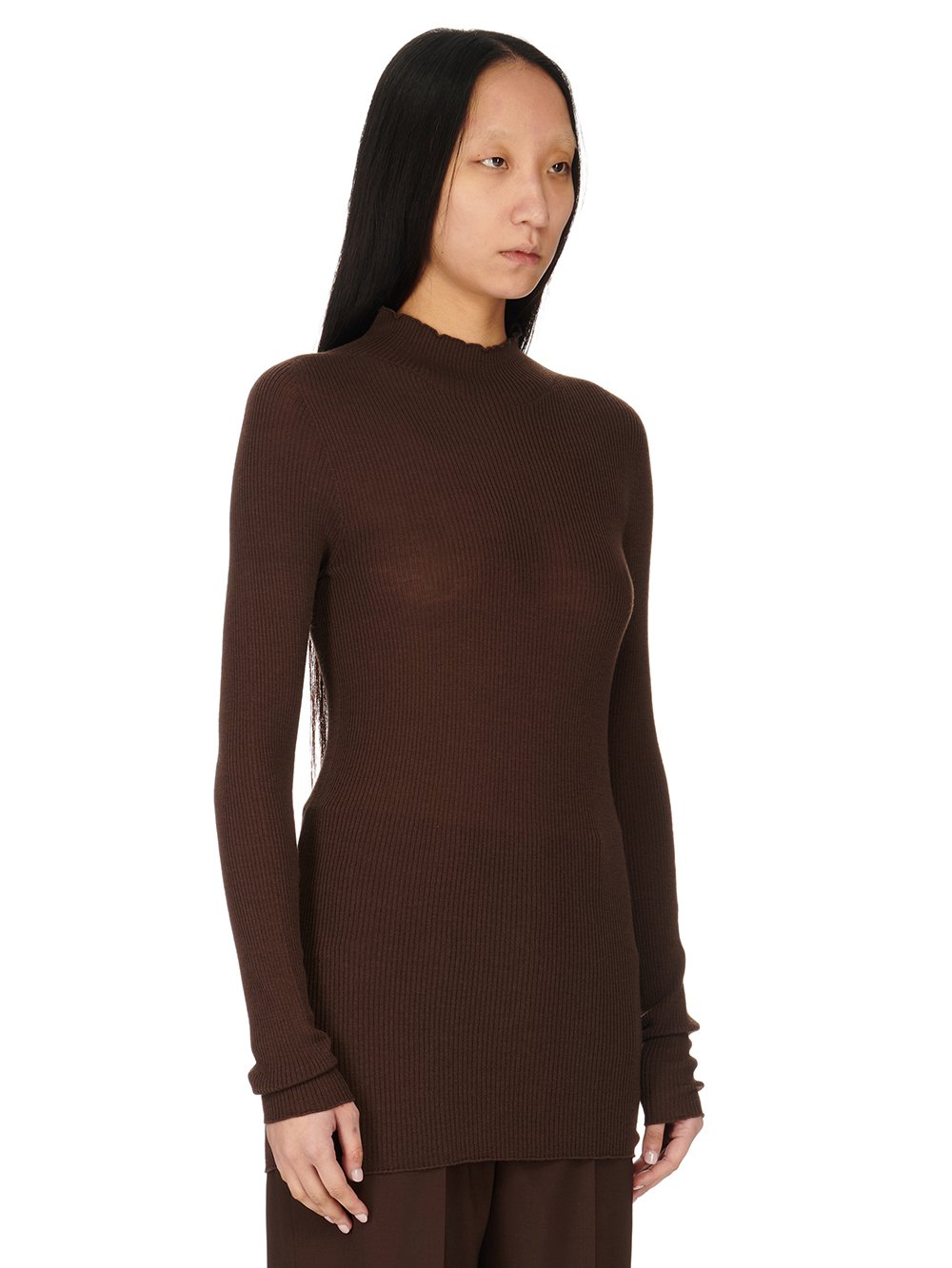 RICK OWENS FW23 LUXOR RIBBED LUPETTO IN BROWN LIGHTWEIGHT RIBBED KNIT