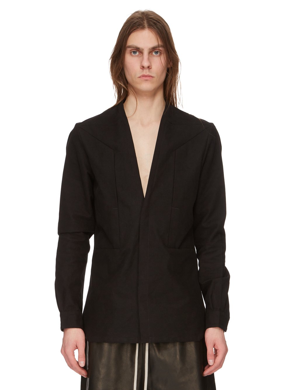 RICK OWENS FW23 LUXOR RUNWAY SECRET LARRY SHIRT IN BLACK MOLESKIN