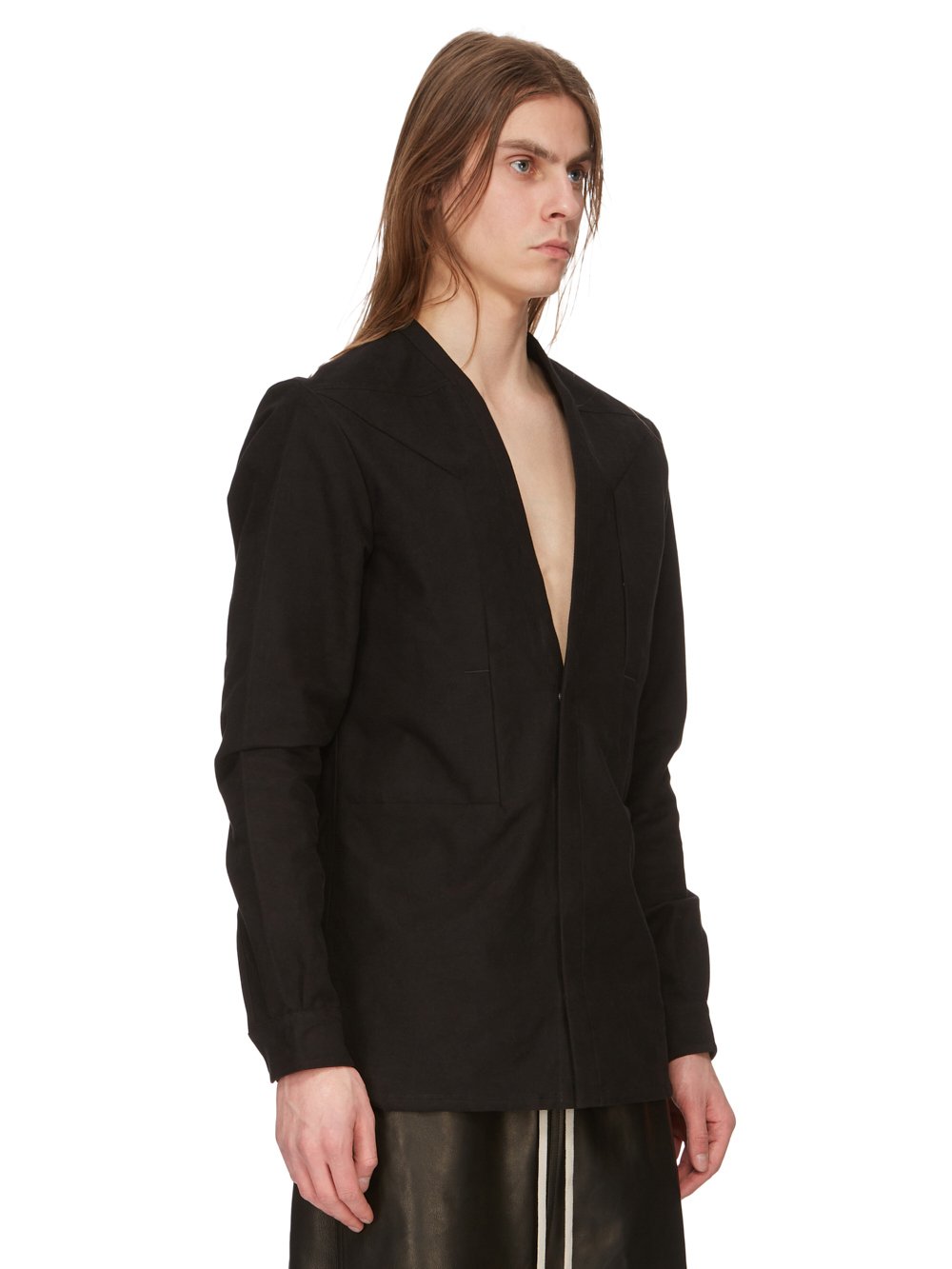 RICK OWENS FW23 LUXOR RUNWAY SECRET LARRY SHIRT IN BLACK MOLESKIN