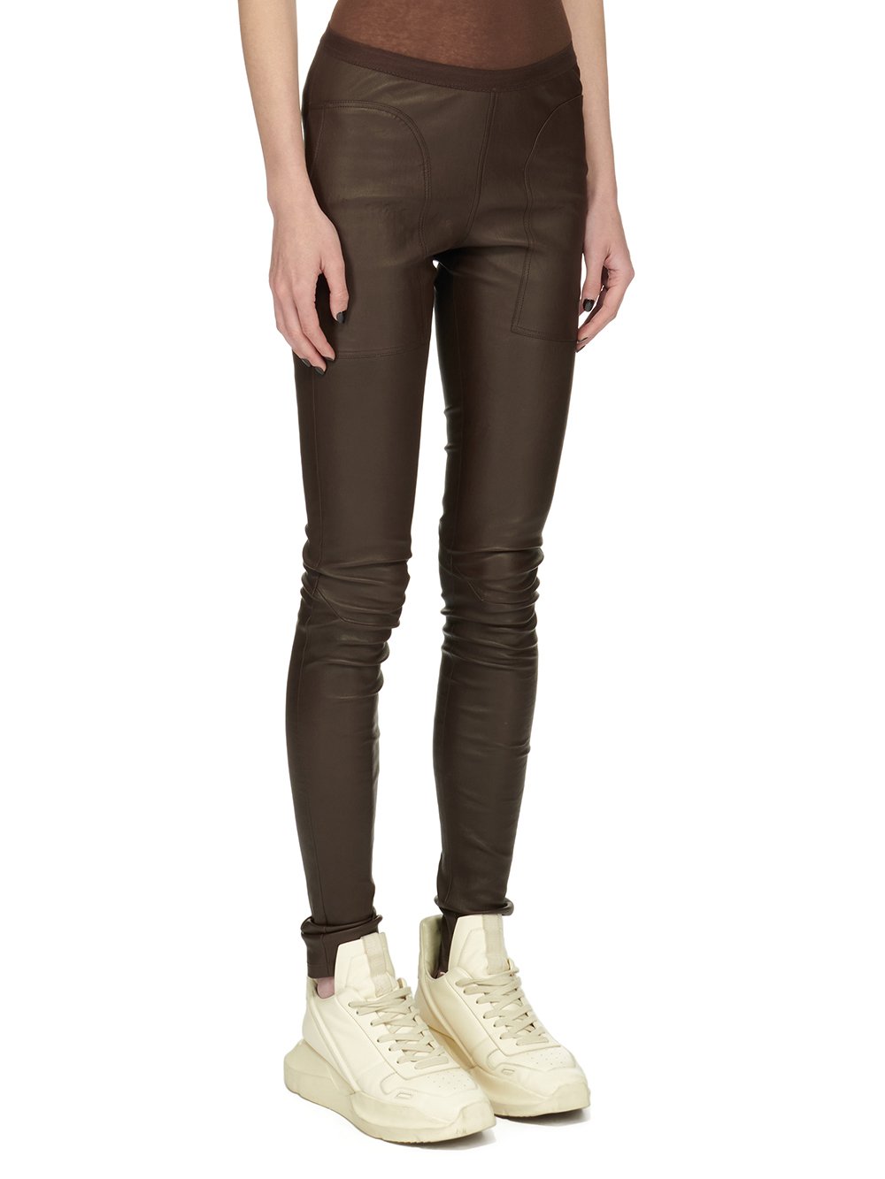 RICK OWENS FW23 LUXOR LEGGINGS IN BROWN STRETCH LAMB LEATHER