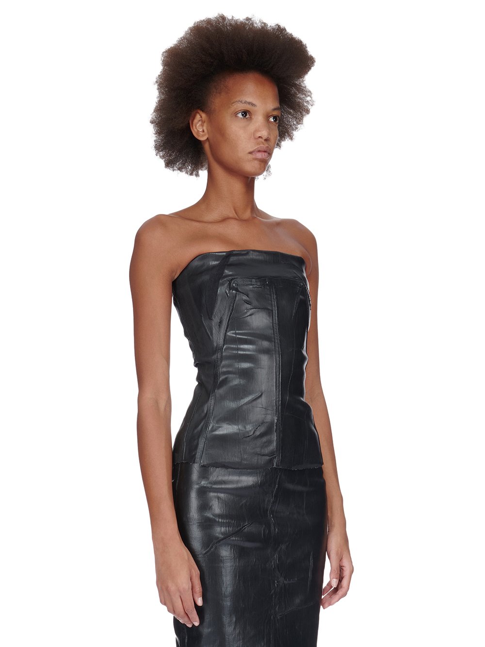 RICK OWENS FW23 LUXOR BUSTIER TOP IN BLACK CRACKED STRETCH DENIM