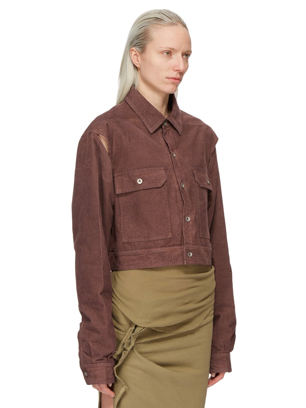 DRKSHDW FW23 LUXOR CAPE SLEEVE CROPPED OUTERSHIRT IN MAUVE COTTON CORDUROY