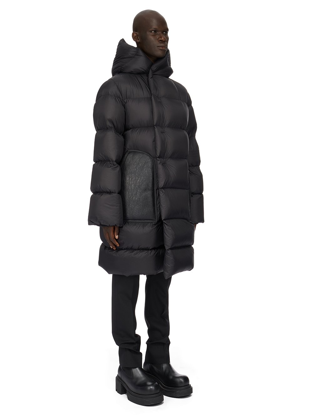 RICK OWENS FW23 LUXOR LS HOODED LINER IN BLACK RECYCLED NYLON AND BUTTER LAMB SHEARLING