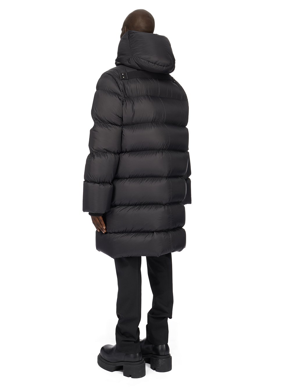 RICK OWENS FW23 LUXOR LS HOODED LINER IN BLACK RECYCLED NYLON AND BUTTER LAMB SHEARLING