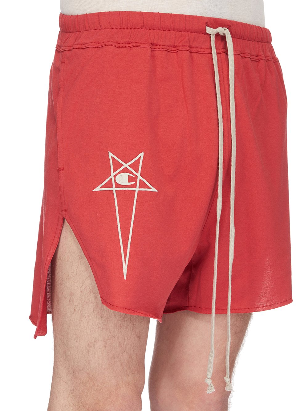 CHAMPION X RICK OWENS DOLPHIN BOXERS IN CARNELIAN RED MEDIUM WEIGHT COTTON JERSEY 