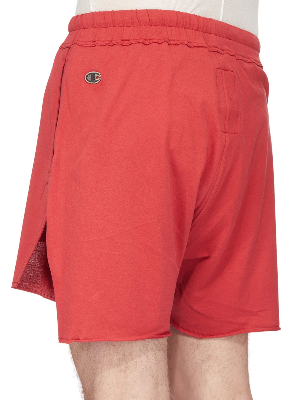 CHAMPION X RICK OWENS DOLPHIN BOXERS IN CARNELIAN RED MEDIUM WEIGHT COTTON JERSEY 