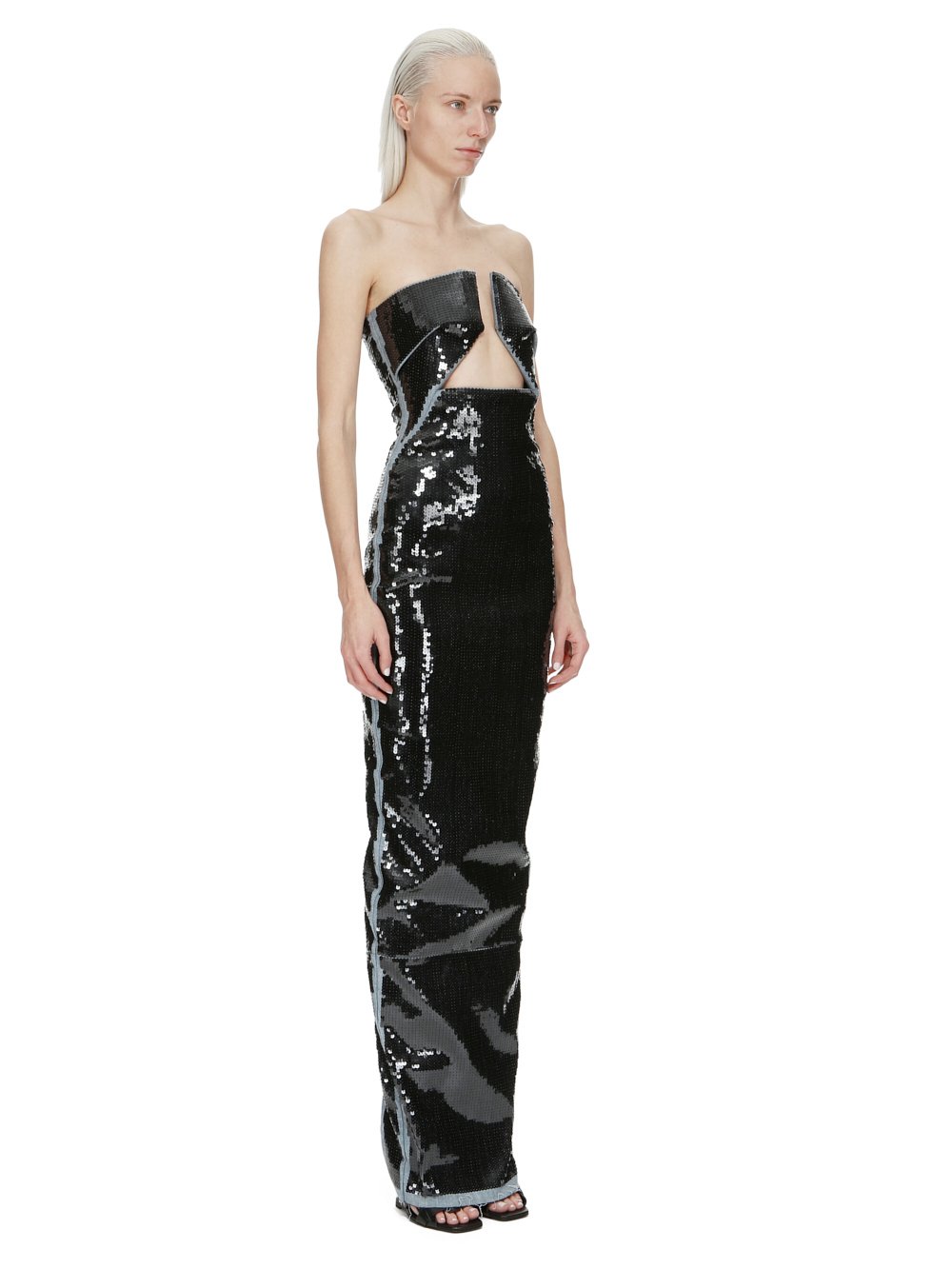 RICK OWENS FW23 LUXOR PRONG GOWN IN BLUE AND BLACK SEQUIN EMBROIDERED STRETCH DENIM 