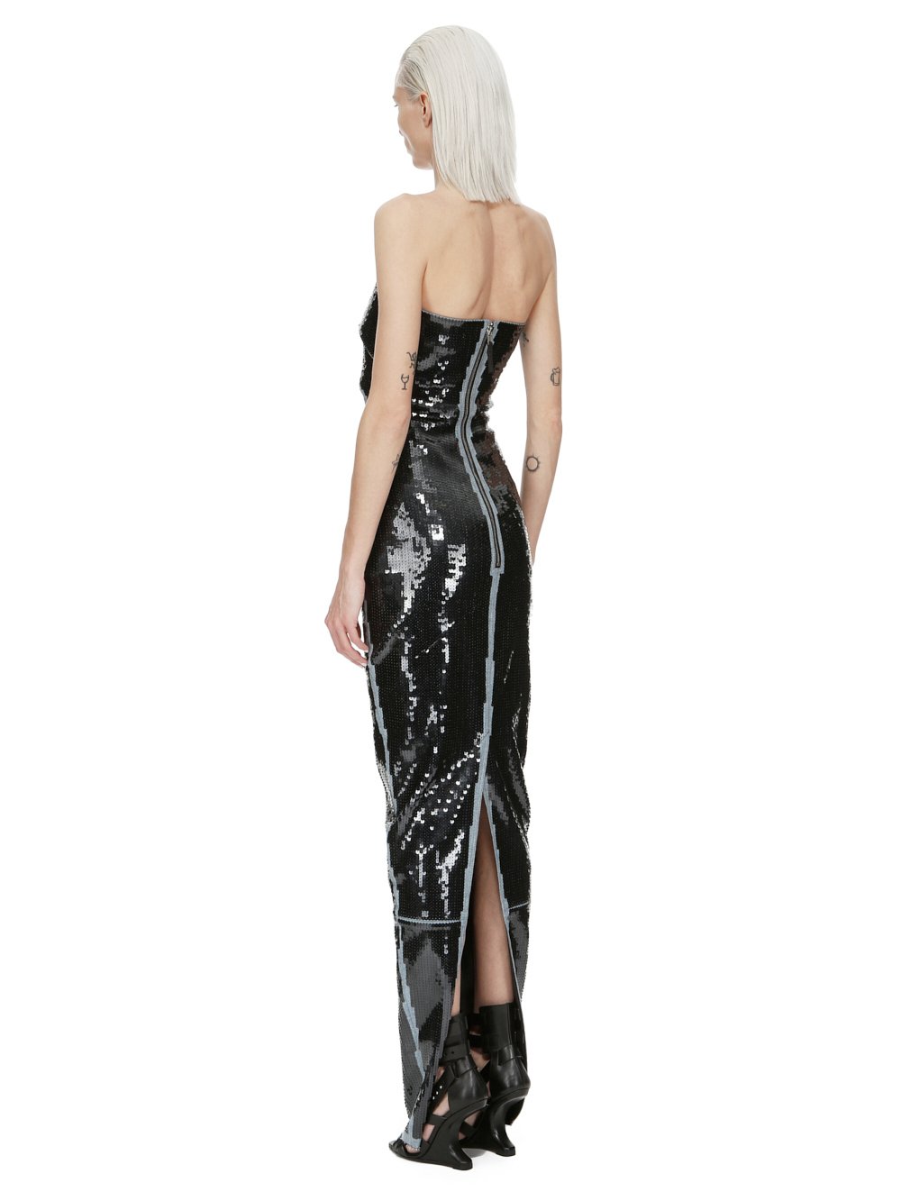 RICK OWENS FW23 LUXOR PRONG GOWN IN BLUE AND BLACK SEQUIN EMBROIDERED STRETCH DENIM 