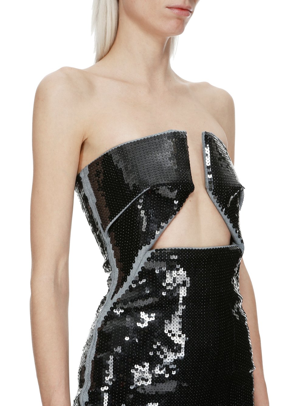 RICK OWENS FW23 LUXOR PRONG GOWN IN BLUE AND BLACK SEQUIN EMBROIDERED STRETCH DENIM 