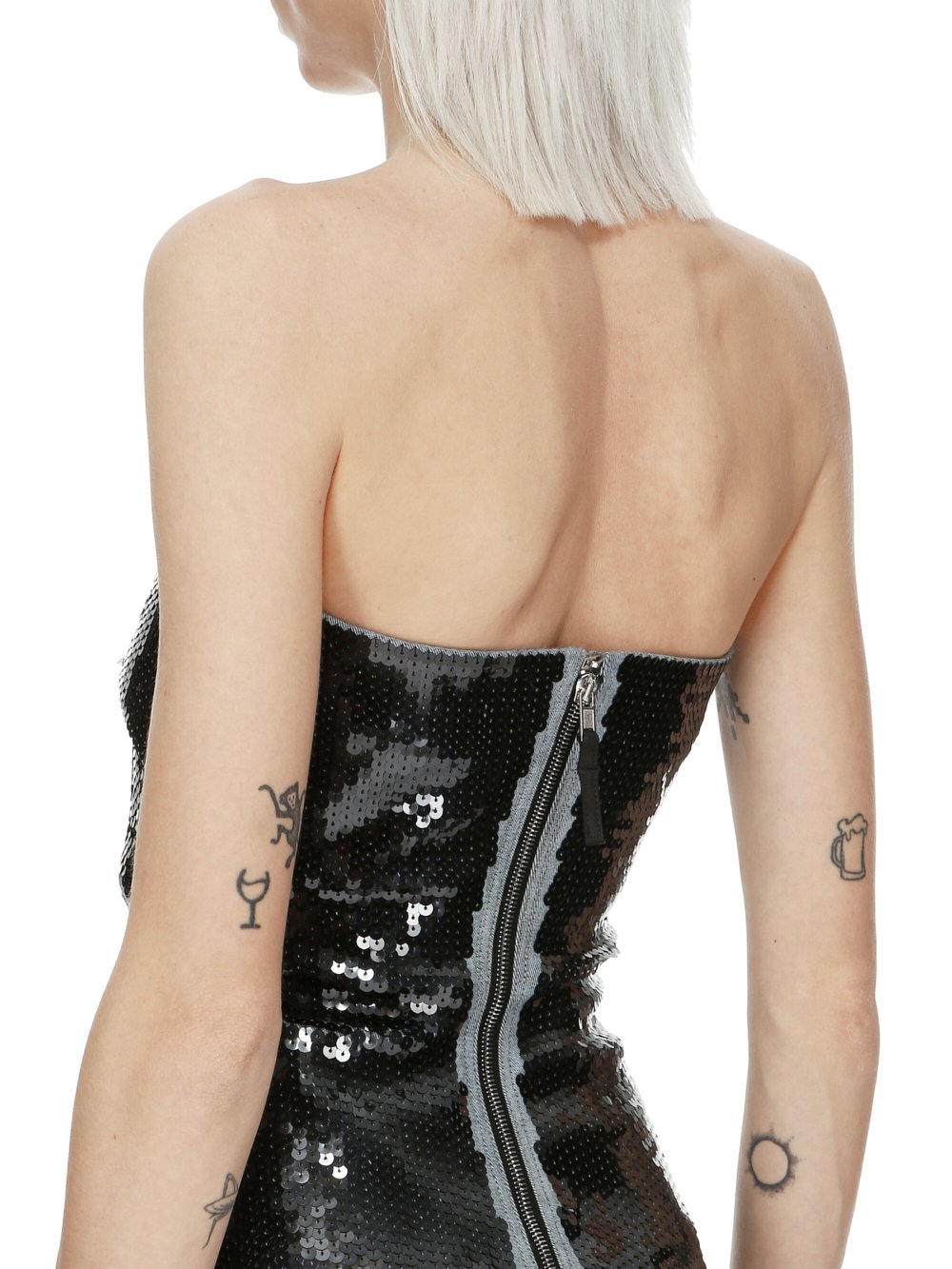 RICK OWENS FW23 LUXOR PRONG GOWN IN BLUE AND BLACK SEQUIN EMBROIDERED STRETCH DENIM 