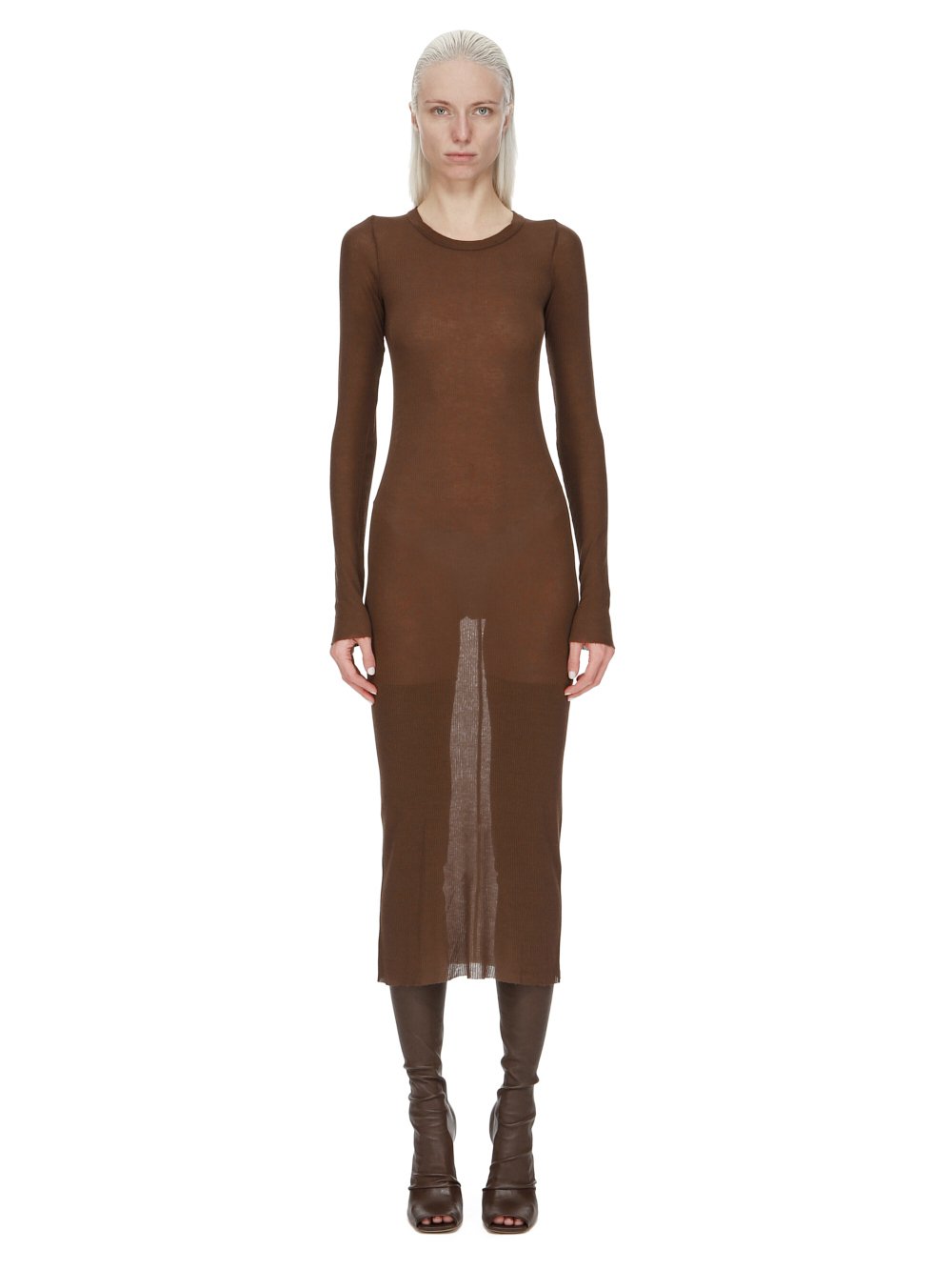 RICK OWENS FW23 LUXOR RIB LS DRESS IN BROWN VISCOSE SILK RIB JERSEY