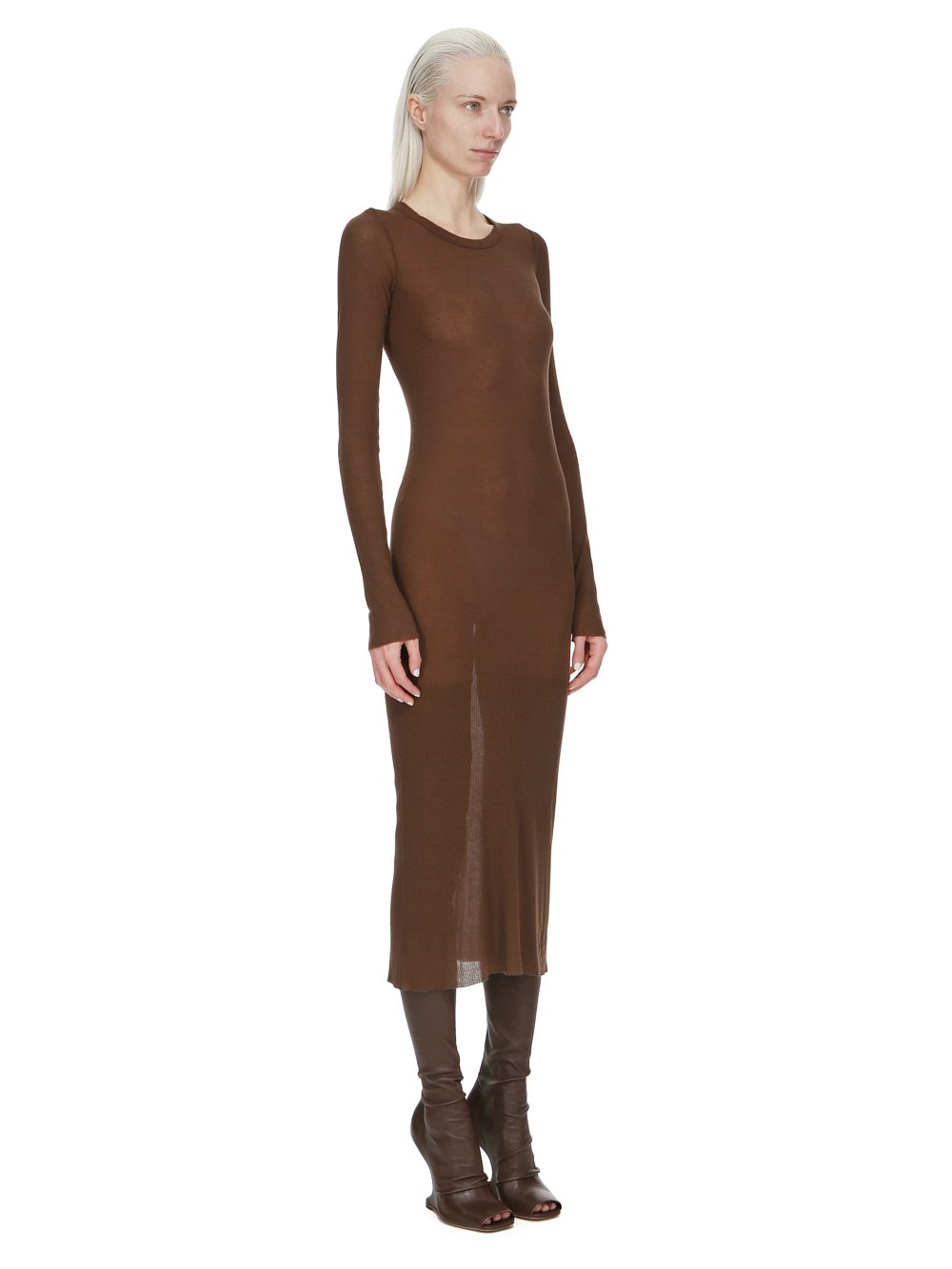 RICK OWENS FW23 LUXOR RIB LS DRESS IN BROWN VISCOSE SILK RIB JERSEY