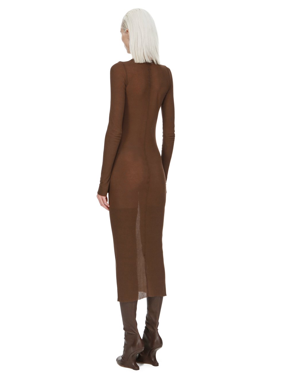 RICK OWENS FW23 LUXOR RIB LS DRESS IN BROWN VISCOSE SILK RIB JERSEY