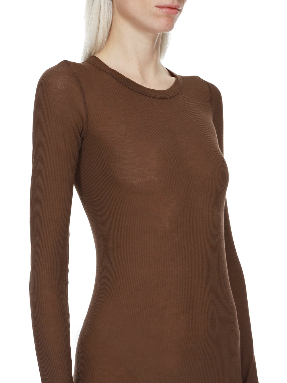 RICK OWENS FW23 LUXOR RIB LS DRESS IN BROWN VISCOSE SILK RIB JERSEY