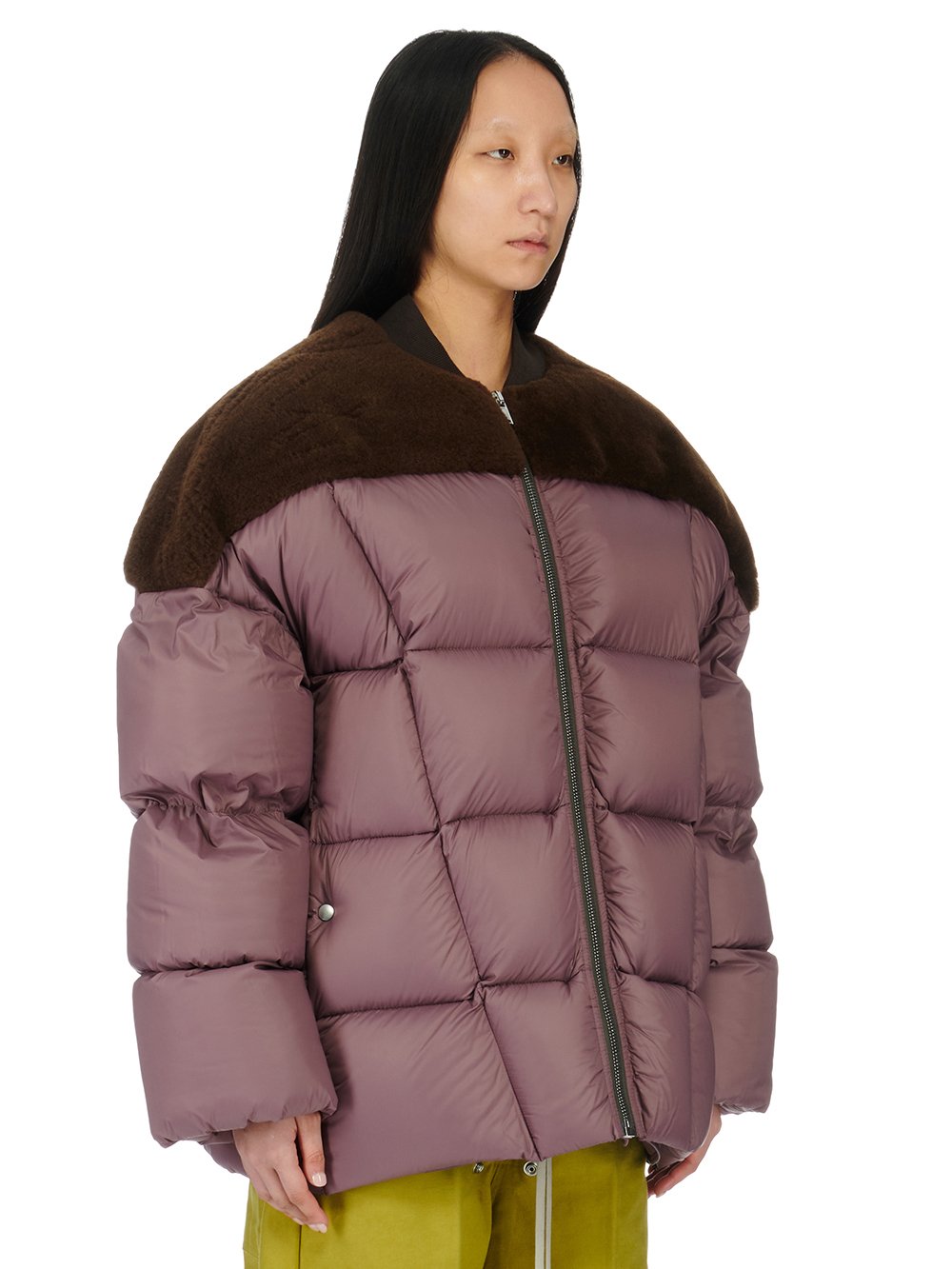 RICK OWENS FW23 LUXOR FLIGHT JKT IN BROWN AND AMETHYST BUTTER LAMB SHEARLING AND RECYCLED NYLON