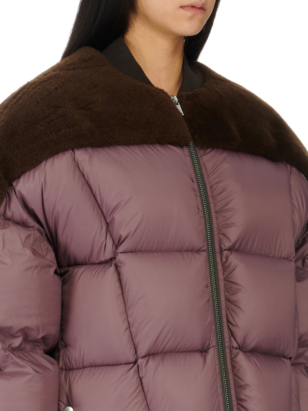 RICK OWENS FW23 LUXOR FLIGHT JKT IN BROWN AND AMETHYST BUTTER LAMB SHEARLING AND RECYCLED NYLON